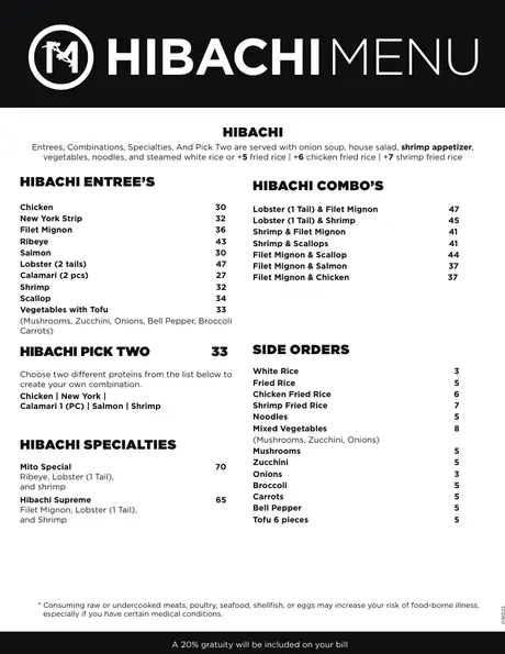 Preview of the Mito dinner and hibachi menu