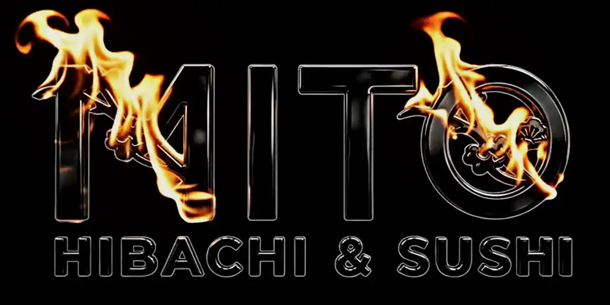 Mito Hibachi & Sushi black glass logo with contained flames